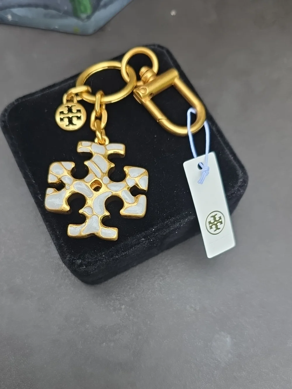 Tory Burch Gold and White Double-T Enamel Keyring